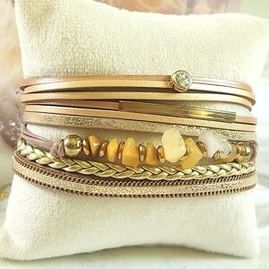 New Ryze Women's Citrine Chip Stone & Gold Vegan Leather Magnetic Wrap Bracelet